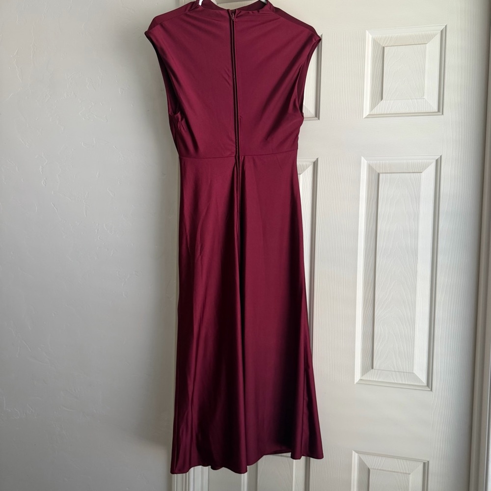 Burgundy Satin Midi Wedding Guest Dress - Picture 5 of 8